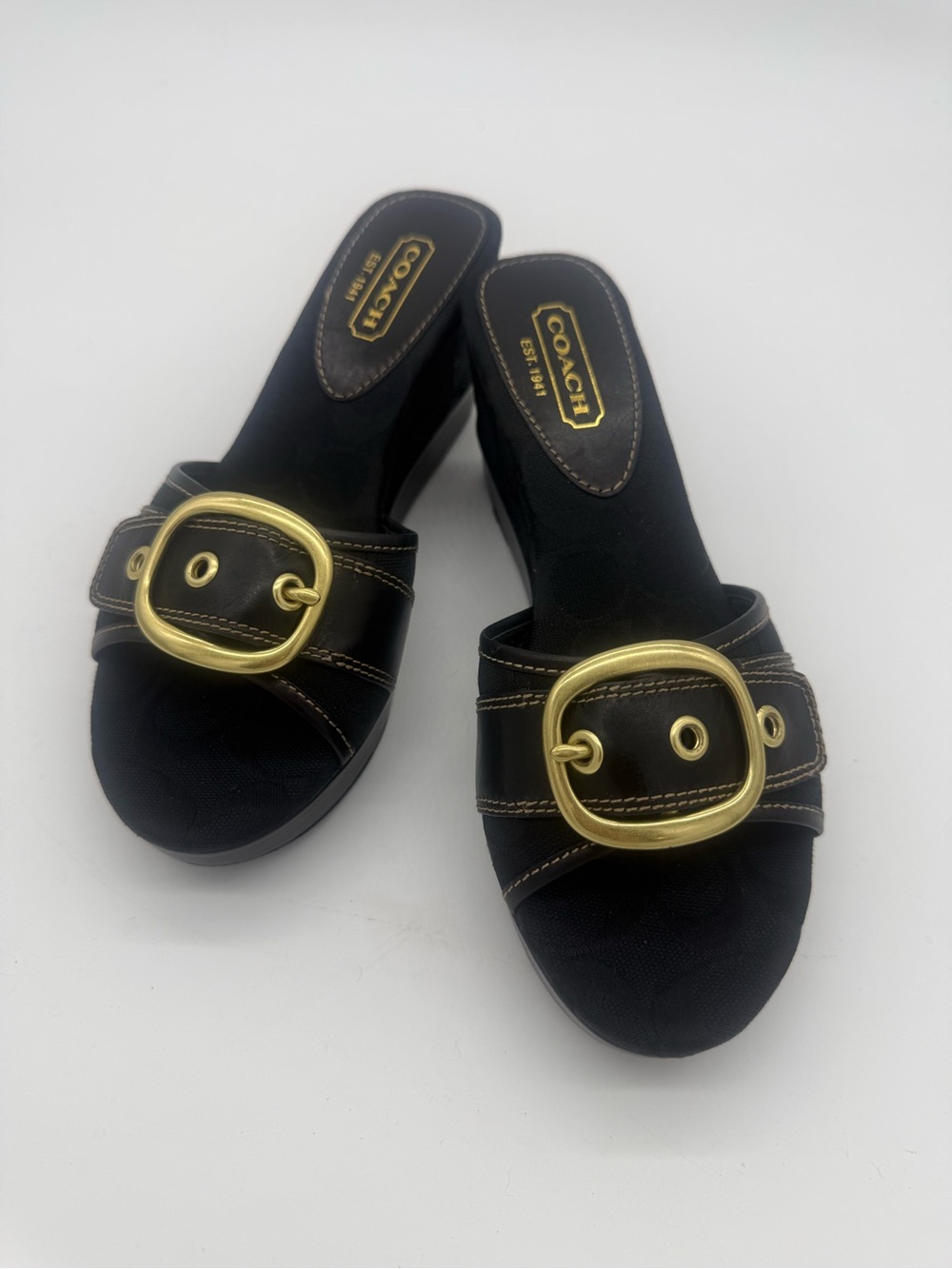 COACH Black Slide Mules with Gold Buckle Accent New NIB